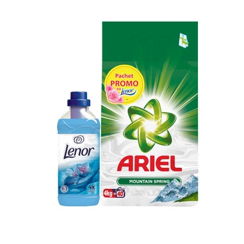 Pachet promo: Detergent automat Ariel Mountain Spring, 40 spalari, 4 kg & Balsam de rufe Lenor Spring, 63 spalari Pachet promo: Detergent automat Ariel Mountain Spring, 40 spalari, 4 kg & Balsam de rufe Lenor Spring, 63 spalari