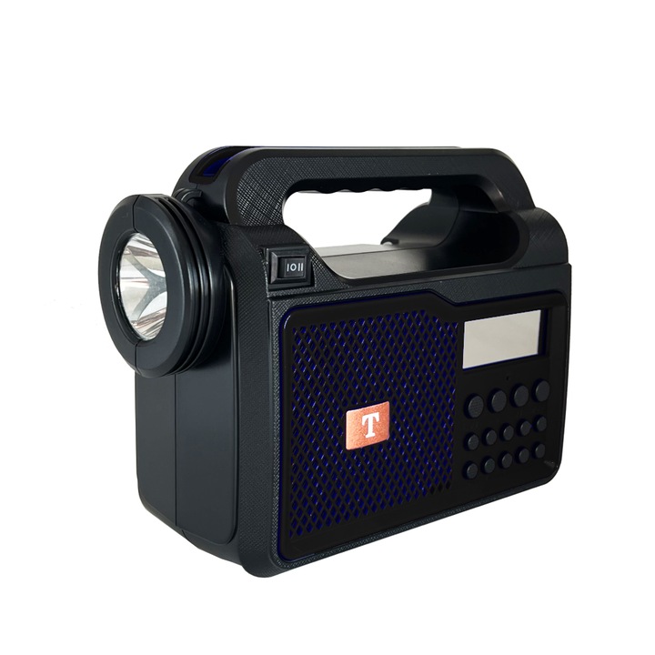 Преносимо радио Bigshot T-722A с фенерче, Bluetooth, соларен панел, SD карта, черно