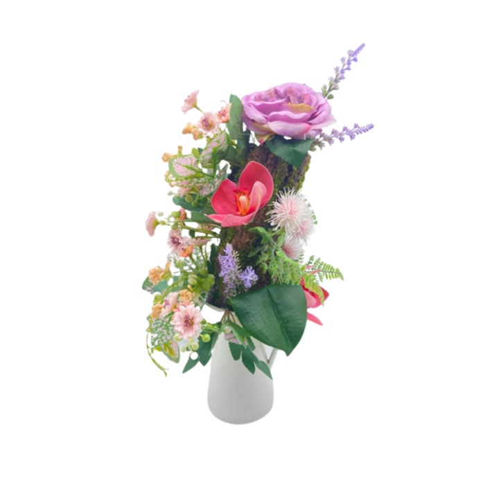 Aranjament floral din panza in vaza inalta cu scoarta de copac, trandafiri si lavanda, 45x25 cm