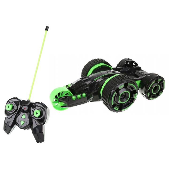 Кола с дистанционно управление 6 в 1 LIKESMART 5 Rounds Stunt, с 5 колела, светлинни ефекти, 360 завъртания, радиус на действие 10 м, 15x9.5x30 см, зелен