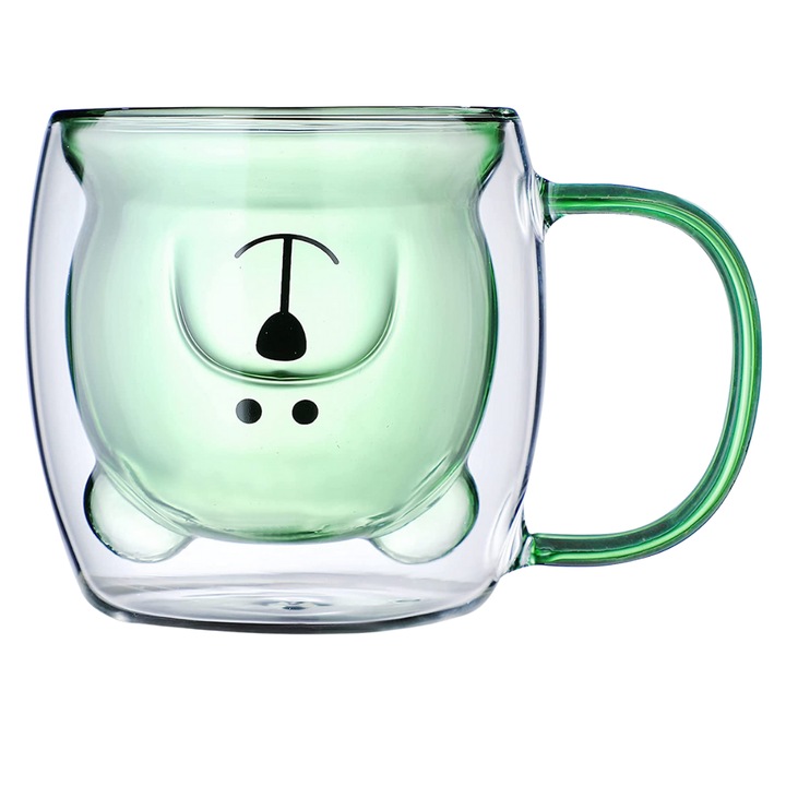 Cana din sticla cu pereti dubli, Epic Concept art deco & more®, termorezistenta in forma de Urs, verde, 280 ml