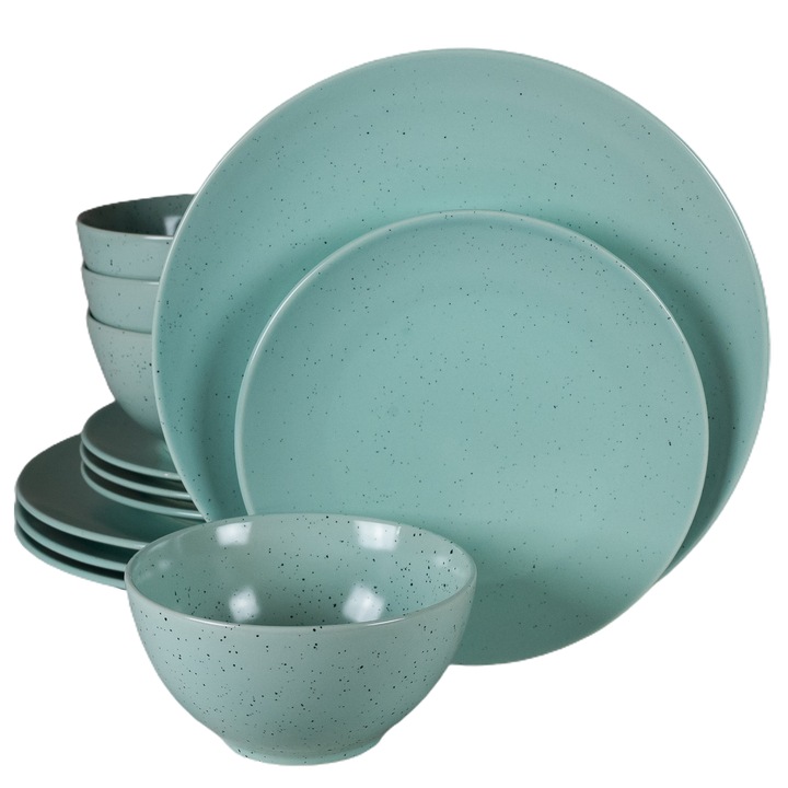 Комплект чинии от 12 части, за 4 човека, Peppermint, Cesiro, Matte Mint Green с черни точки