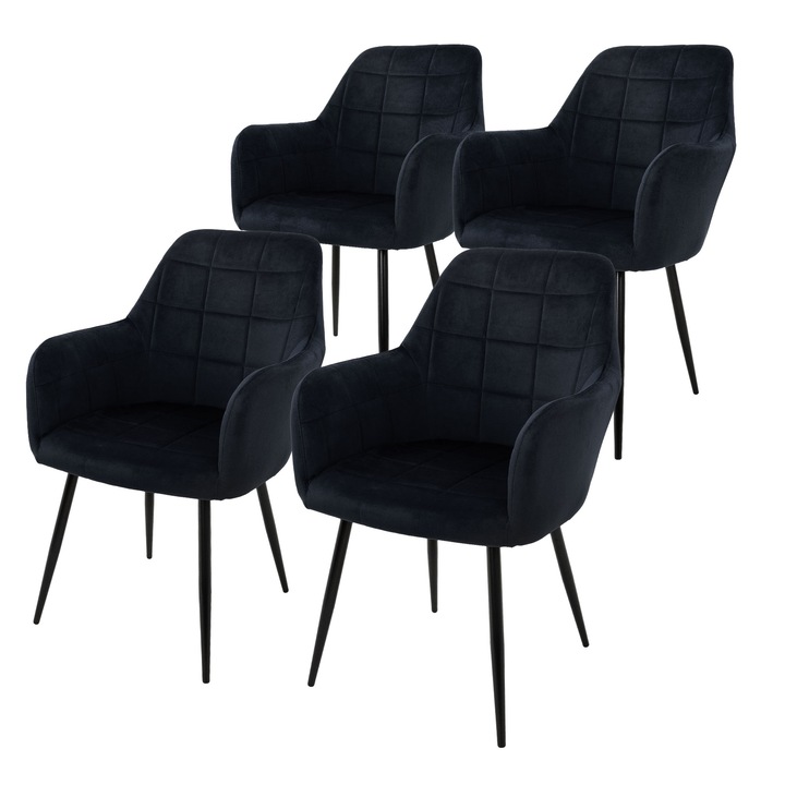 Set 4 scaune dining / living ECD Germany, 45 x 47 cm, microfibra cu aspect catifelat, picioare metalice, negru, design modern
