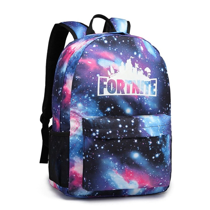 Ghiozdan Fortnite design galaxie, pentru copii si adulti, pentru scoala si timp liber, rezistent la apa, cu buzunar antifurt, Multicolor, CLASStitude