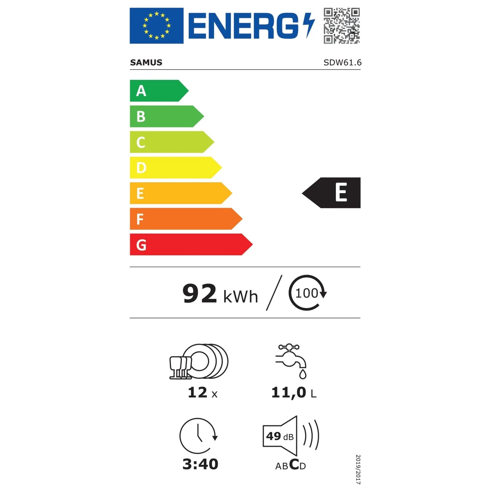 Masina de spalat vase Samus SDW46.6, 9 seturi, 6 programe, Control electronic, 45 cm, Clasa E