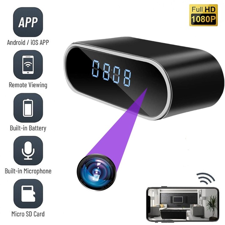 Camera Spion WIFI, CB02 Ascunsa in Ceas de Birou, Full HD, Night Vision, Inregistrare Audio-Video, Activare la Miscare, Slot Card