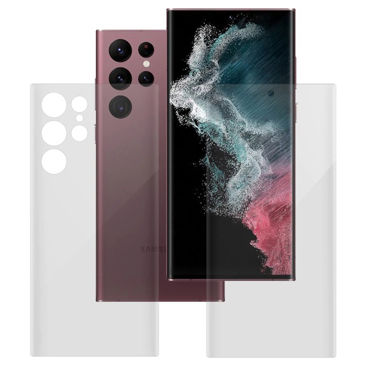 Set Folie Spate Ecran NoBacteria pentru Samsung Galaxy S23 Ultra, Silicon Hydrogel Regenerabil, Flexible Hydro-Crystal, Optim Solution, Full Glue, Instalare usoara