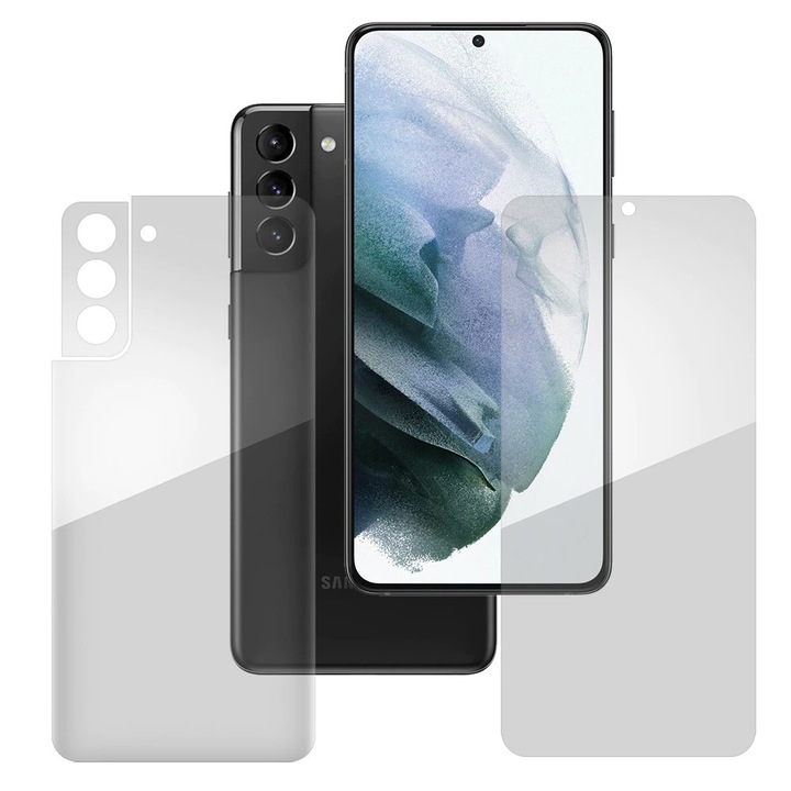 Elöl-hátsó fóliakészlet Samsung Galaxy S21 FE-hez, Regenerálható Szilikon Hidrogél, Rugalmas Hydro-Crystal, Optim Solution, Teljes ragasztó, Könnyű Szerelés, Átlátszó