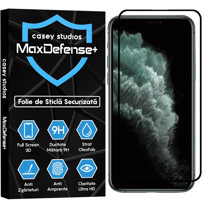 Folie Sticla CASEY STUDIOS™ compatibila cu iPhone 11 Pro Max, Full Cover 3D, Full Glue, Sticla Securizata, Duritate Militara, Ultra HD, Protectie Profesionala Ecran 3D, Anti Zgarieturi, Anti Socuri, Margini Negre