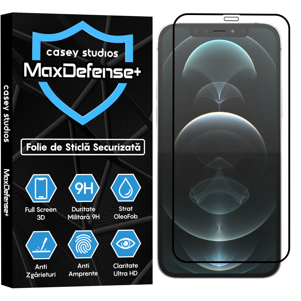 Folie Sticla CASEY STUDIOS™ compatibila cu iPhone 12 / 12 Pro, Full Cover 3D, Full Glue, Sticla Securizata, Duritate Militara, Ultra HD, Protectie Profesionala Ecran 3D, Anti Zgarieturi, Anti Socuri, Margini Negre