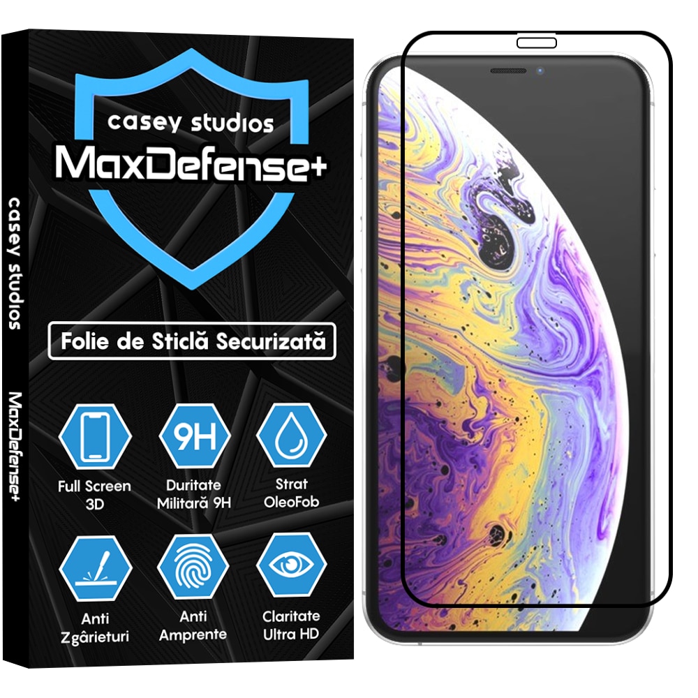 Folie Sticla CASEY STUDIOS™ compatibila cu iPhone X / XS, Full Cover 3D, Full Glue, Sticla Securizata, Duritate Militara, Ultra HD, Protectie Profesionala Ecran 3D, Anti Zgarieturi, Anti Socuri, Margini Negre