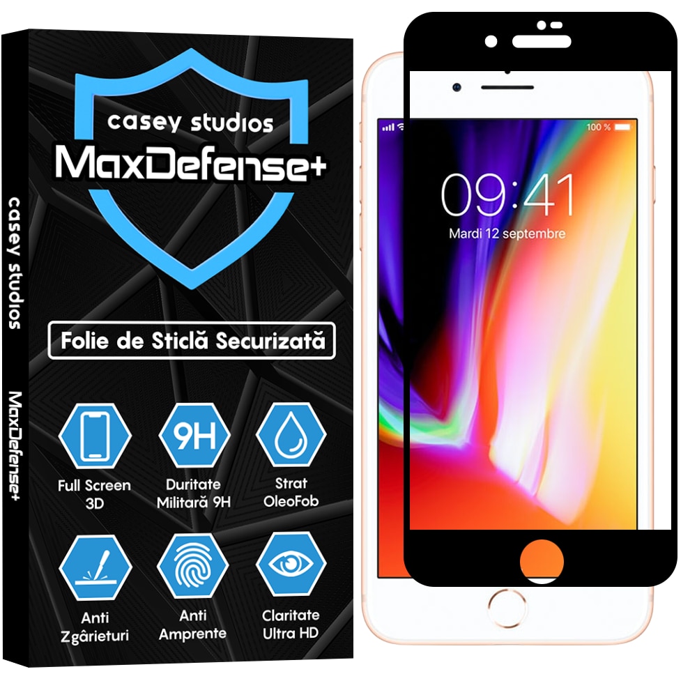 Folie Sticla CASEY STUDIOS™ compatibila cu iPhone 7 / 8, Full Cover 3D, Full Glue, Sticla Securizata, Duritate Militara, Ultra HD, Protectie Profesionala Ecran 3D, Anti Zgarieturi, Anti Socuri, Margini Negre