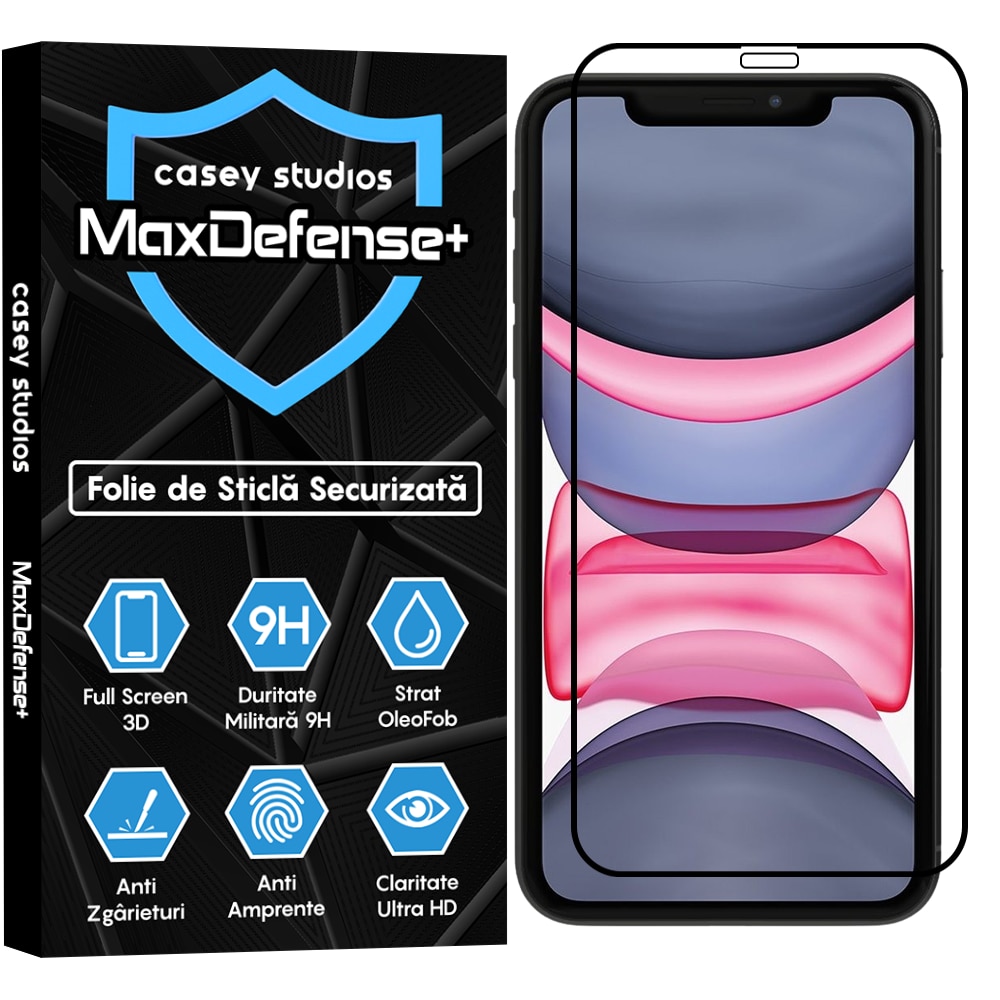 Folie Sticla CASEY STUDIOS™ pentru Apple iPhone XR / 11, Full Cover 3D, Full Glue, Sticla Securizata, Duritate Militara, Ultra HD, Protectie Profesionala Ecran 3D, Anti Zgarieturi, Anti Socuri, Margini Negre