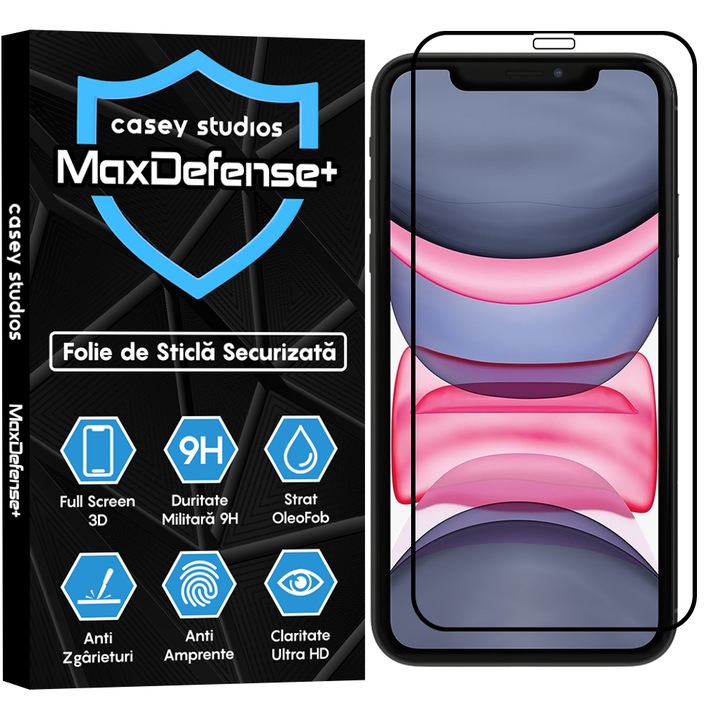Folie Sticla CASEY STUDIOS™ compatibila cu iPhone XR / 11, Full Cover 3D, Full Glue, Sticla Securizata, Duritate Militara, Ultra HD, Protectie Profesionala Ecran 3D, Anti Zgarieturi, Anti Socuri, Margini Negre