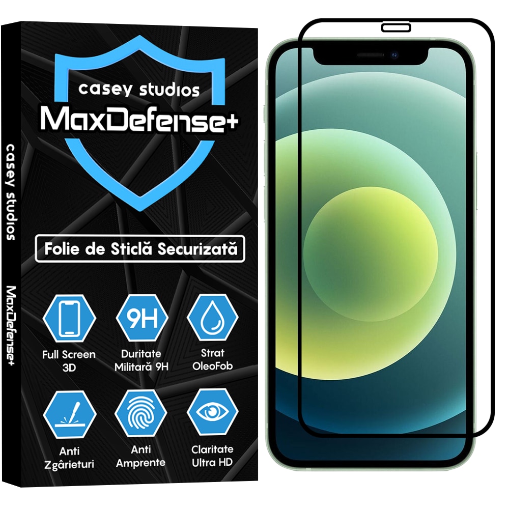 Folie Sticla CASEY STUDIOS™ compatibila cu iPhone 12 Mini, Full Cover 3D, Full Glue, Sticla Securizata, Duritate Militara, Ultra HD, Protectie Profesionala Ecran 3D, Anti Zgarieturi, Anti Socuri, Margini Negre
