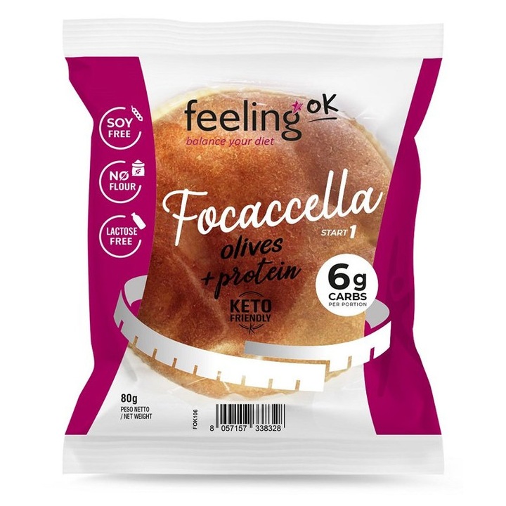Focaccia cu masline Low-Carb, proteica, fara zahar, fara lactoza, fara soia, keto, FeelingOK, 80g
