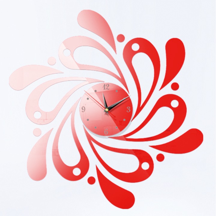 Ceas de perete 3D DIY, OSPE, Autoadeziv, Model floare, 50x50 cm, Rosu