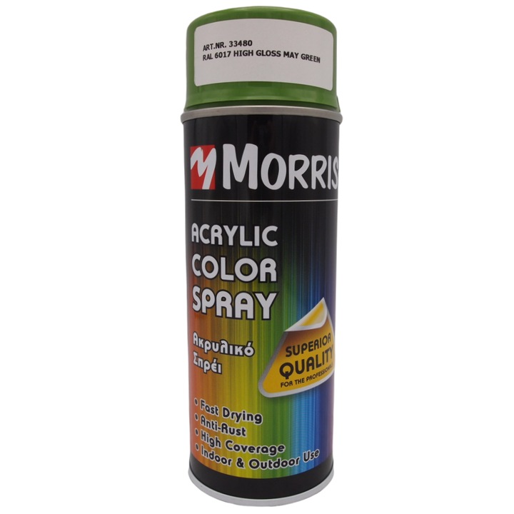 Morris festék spray, zöld, RAL 6017 -fényes, fa, fém, alumínium, üveg, kő és műanyag felületekre 400 ml