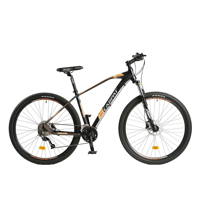 Велосипед MTB с 29" колела, оборудване Shimano Altus, предни/задни хидравлични дискови спирачки, регулируема/заключваща се вилка, 27 скорости, черно/оранжево, размер M, планински велосипед HAKUBA 2.9 Carpet с алуминиева рамка