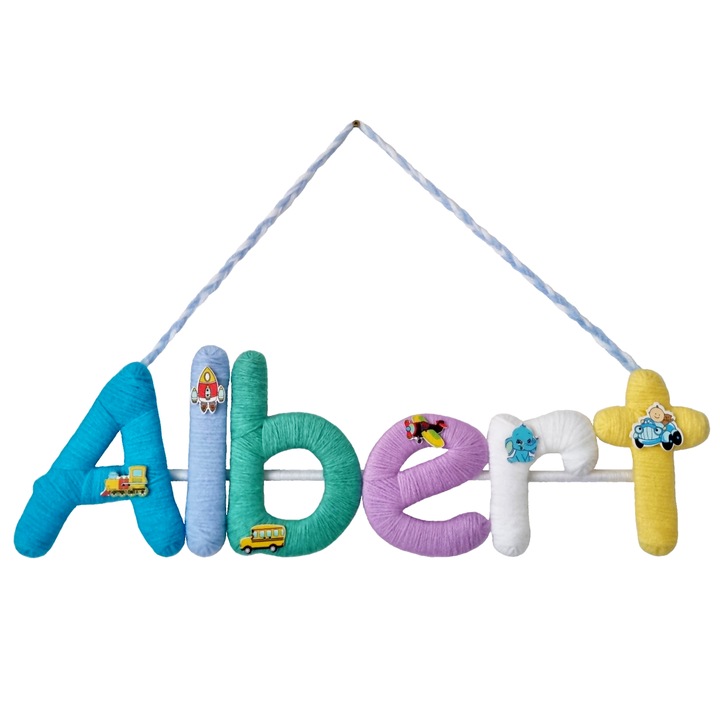 Ръчно изработена декорация за детската стая, с персонализирано име Алберт, 47х13 см, многоцветна