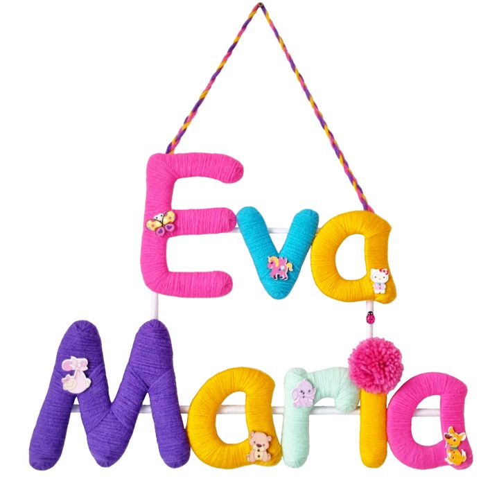Decoratiune handmade pentru camera copilului, cu nume personalizat Eva Maria 39x30 cm, multicolor