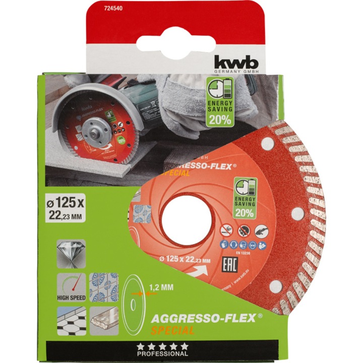 Disc de taiere cu diamant KWB Akku Top Aggresso-Flex® Economie de energie 20%, 125x22,23x7,0x1,2mm