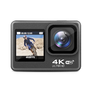 Camera de actiune HouDeOS™ cu ecran dublu, 6-AXIS EIS Anti-Shake, Inregistreaza pana la 4K 60FPS si fotografii de 20MP, 30M Waterproof, cu card de stocare de 64GB si 2 x baterii