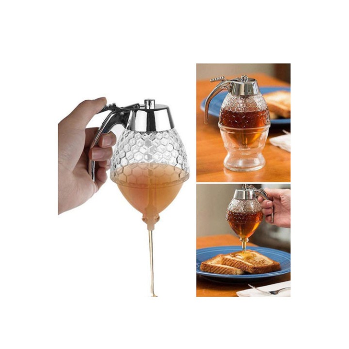 Dozator de miere Bee Dose, 200 ml, usor de utilizat, forma de fagure, 15 cm, accente argintii, Doty