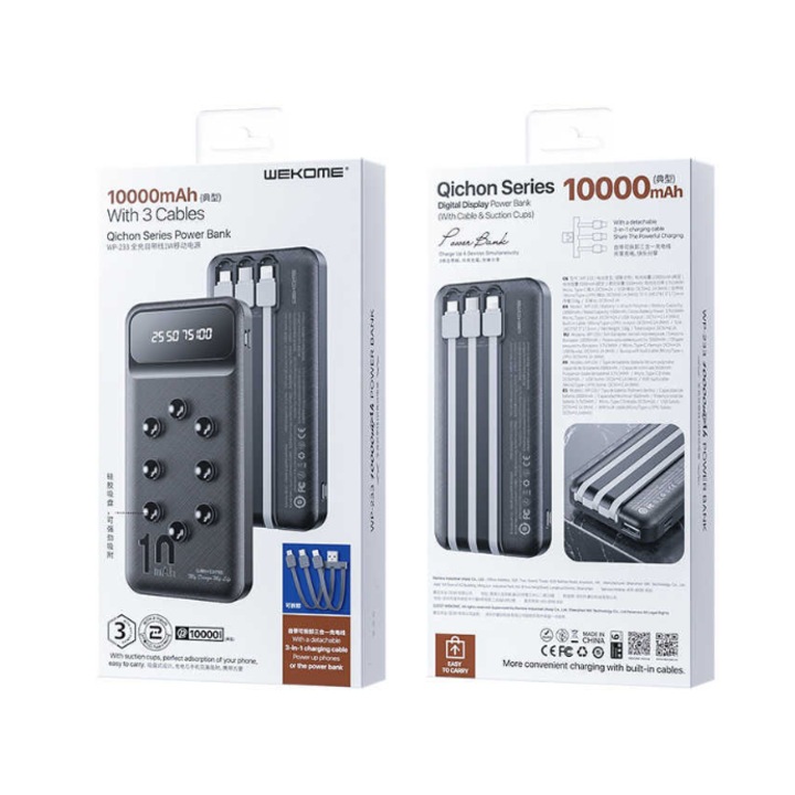 WK Power bank 10.000mAh integrált kábelekkel- digitális kijelzővel