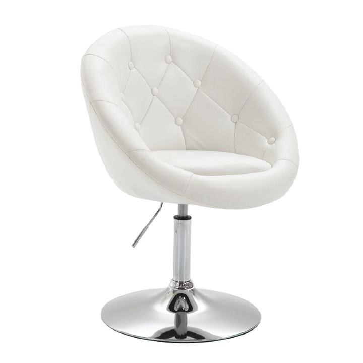 Fotoliu rotativ, alb, piele ecologica, metal, sezut moale, spate matlasat, inaltime reglabila, elegant si modern, living, dormitor, birou, 64x79-94x56 cm