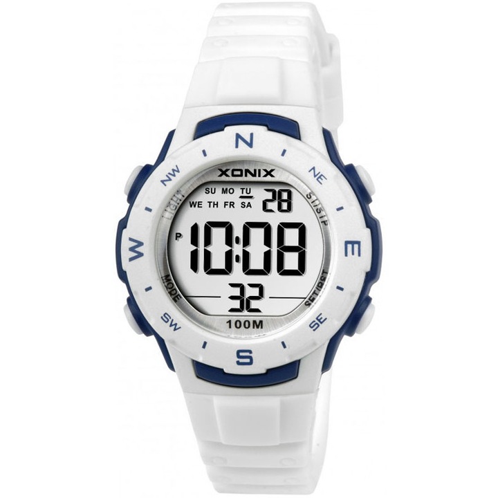Ceas copii Xonix, Alb, data, cronometru, timer, alarma, iluminare de fundal, rezistenta la apa 100m
