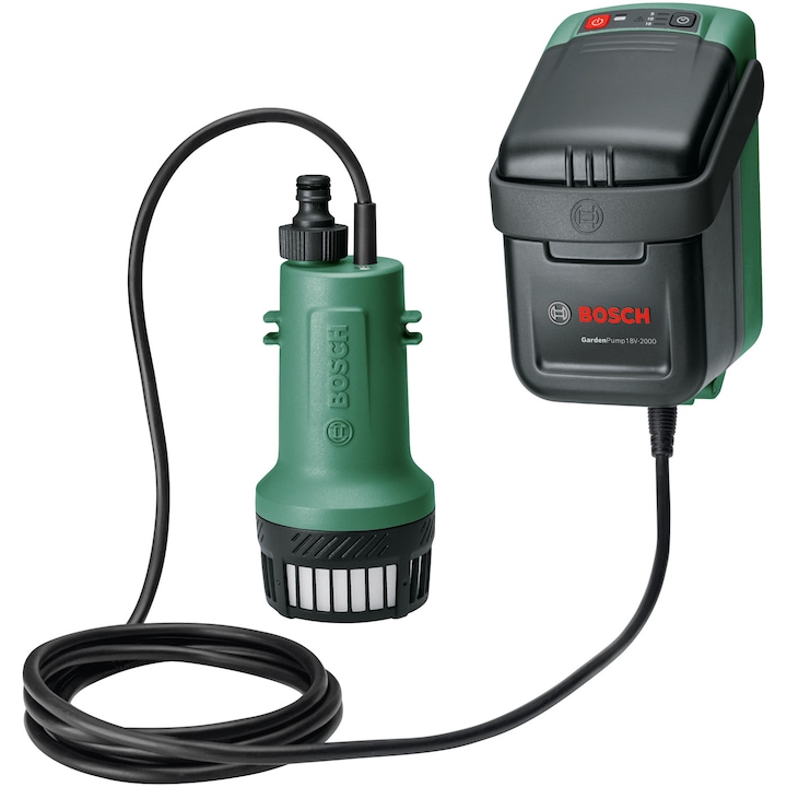 Акумулаторна помпа за вода Bosch GardenPump 06008C4203, Тип дъждовна вода, 18V, Максимален дебит 33.3 л/мин, Дължина на свързващия маркуч 2.5 м, Максимална дълбочина на резервоара 1.8 м, Максимално време на работа 30 минути, Без батерия/зарядно устройство