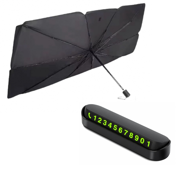 Универсален комплект сгъваеми сенници за кола, форма на чадър, черно-сребрист, 145 x 79 см, поставка за телефонен номер за паркиране