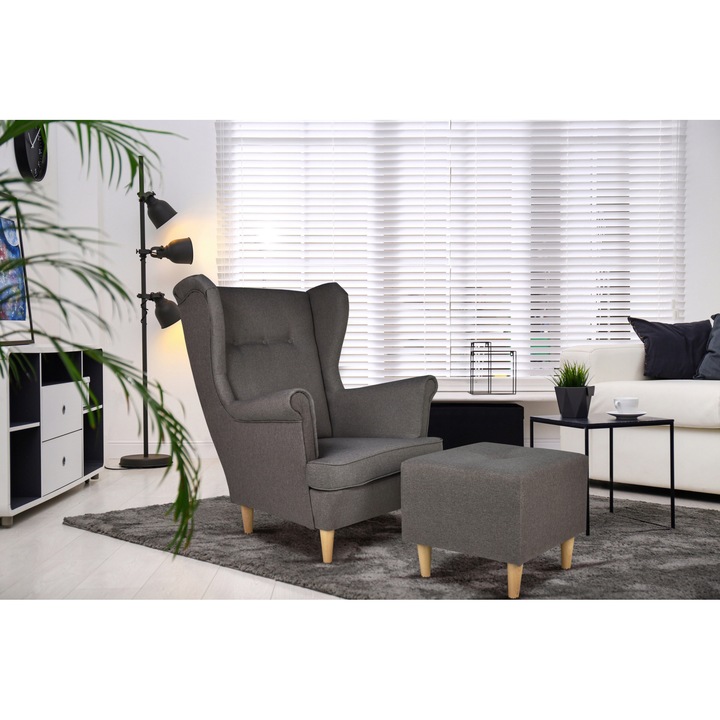 Fotel Family Meble Ari Lábtartóval, 104x84x92 cm, Poliészter Szövet/Fa, Szürke