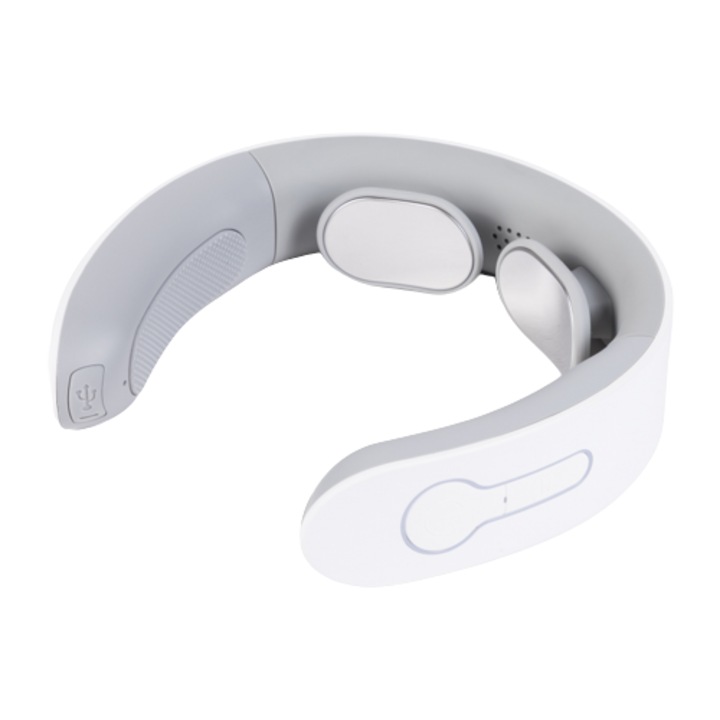 Aparat de masaj TEISHO cervical cu impuls electromagnetic pentru durerile de gat si spate, 10 tipuri de masaj, 16 nivele de intensitate, Alb