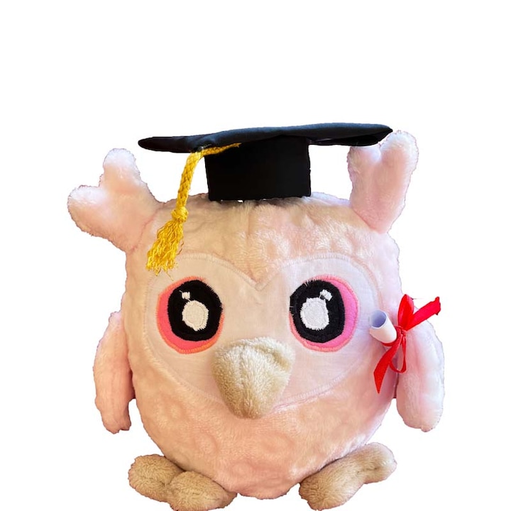 Ballagási ajándék rózsaszín plüss bagoly, talár sapkával és diploma