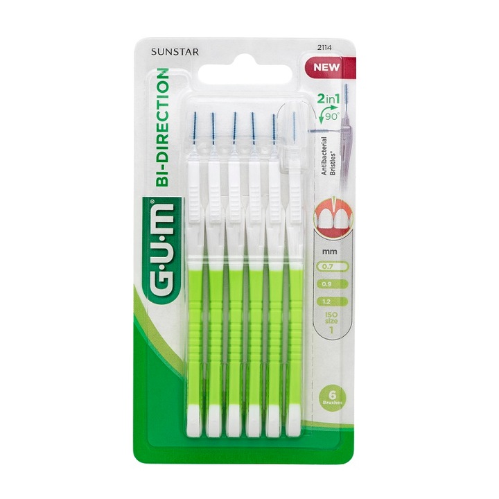 Set 6x Periute Interdentare, GUM, Bi-Direction, pentru Curatare in Profunzime, Tratate cu Clorhexidina, 0.7mm