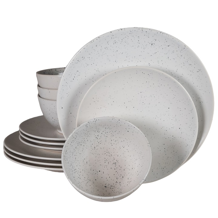 Set farfurii 12 piese, pentru 4 persoane, North Pole, Cesiro, Alb Mat cu puncte negre