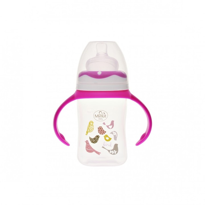 Biberon gat larg cu manere si tetina silicon 0+ roz, Minut Baby 150 ml