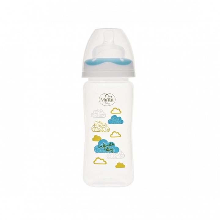 Обикновено шише с широко гърло, силиконов биберон 3+син, Minut Baby 270 ml