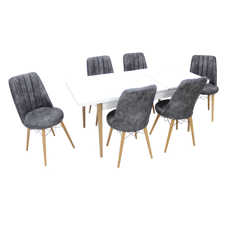 Set masa extensibila Aris Alb cu 6 scaune Apollo, dreptunghiulara, blat din PAL laminat, picioare din lemn, tapiterie din material textil, gri inchis, 130x78x80 cm