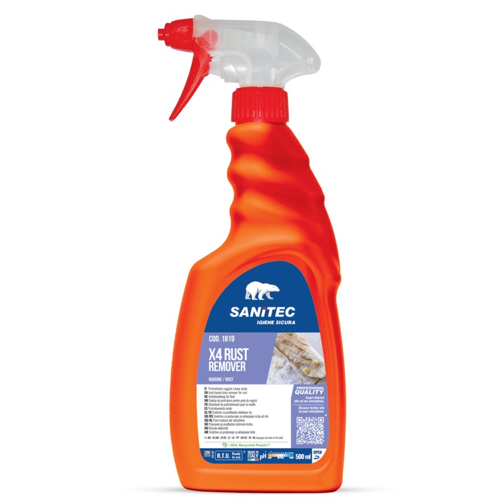 Solutie pretratare pete de rugina, ciment, oxizi minerali, piatra vanata, Sanitec X4 Rust Remover, 500ml