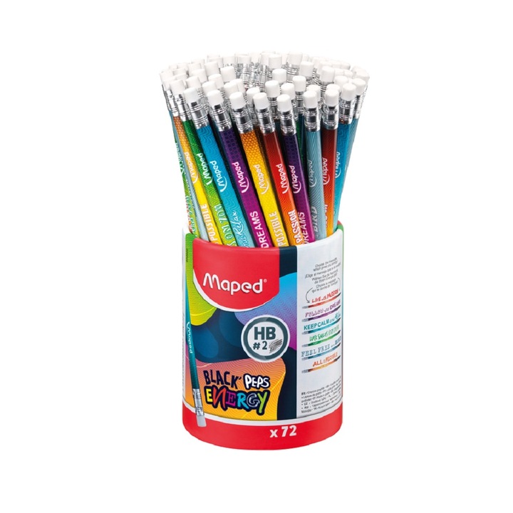 Creion grafit triunghiular Maped Black'Peps Energy cu guma de sters, in caseta, HB, 72 buc