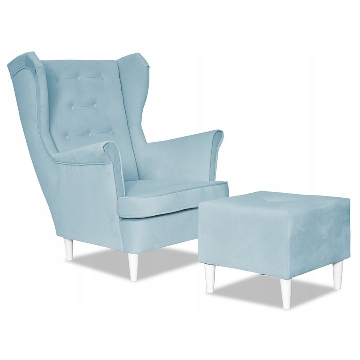 Fotoliu cu suport picioare Diana, Family Meble, Model Trinity, 104x84x92 cm, Catifea/Lemn, Albastru pastel