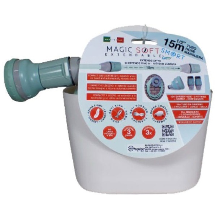 Ikra Magic Soft Smart hosszabbítható kerti tömlő szett + tartozékok, max. 15 m, átmérő 1/2, szórófej + 2 csatlakozó + fali állvány + tároló kosár tartalmaz