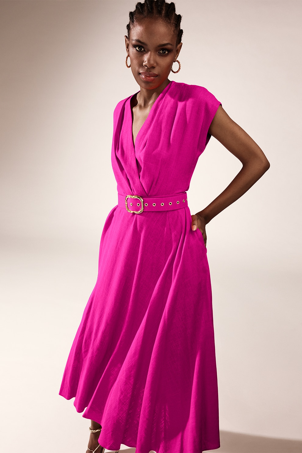 Alina Cernatescu, Rochie din amestec de in cu decolteu in V Ischia, Fucsia, S