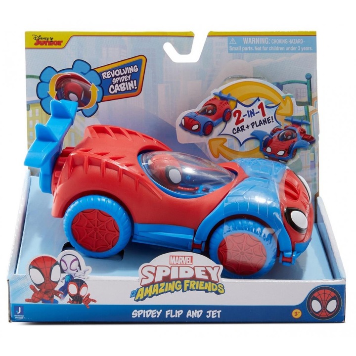 Vehicul 2 in 1, Jazwares, Plastic, Spiderman, avion cu reactie + masina, Rosu/Albastru