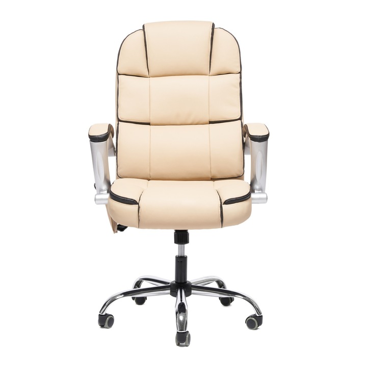 Scaun Directorial Ergonomic, Scaun Birou Cu Masaj Integrat, 8 Puncte Cu Telecomanda, Reglabil Pe Inaltime, Spatar Inalt Cu Suport Lombar, Cotiere Fixe Buretate, Tapiterie Piele PU Moale, Baza Din Otel Cromat, Pivotant 360°, Design Modern, Crem