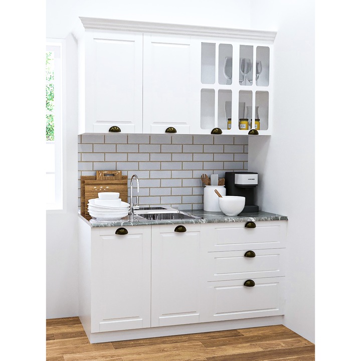 Set bucatarie cu soft-close si fronturi MDF, Badenmob, seria Square, L140.01x60cm, Sertare, Alb Rustic