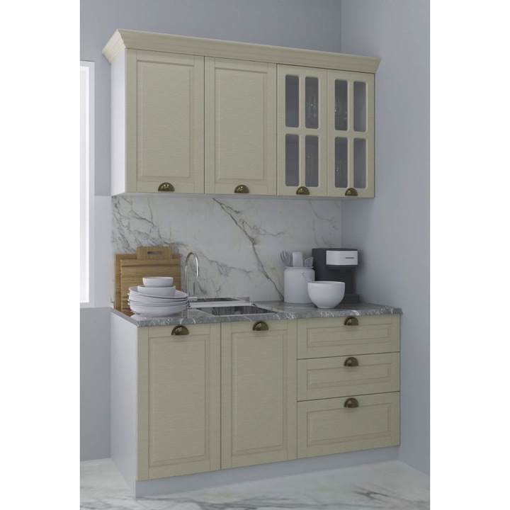 Set bucatarie cu soft-close si fronturi MDF, Badenmob, seria Square, L140x60cm, Sertare, Fag